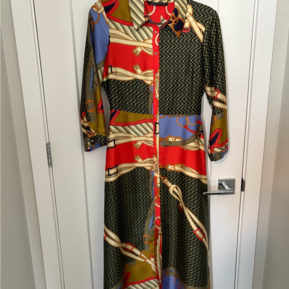 Zara Long Sleeve Button-Front Maxi Dress in Red, Olive, Blue and Cream